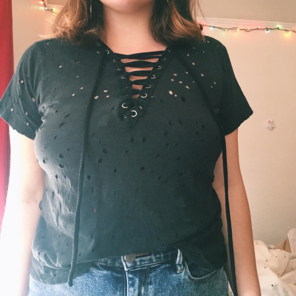 Black distressed t-shirt with lace up detail
